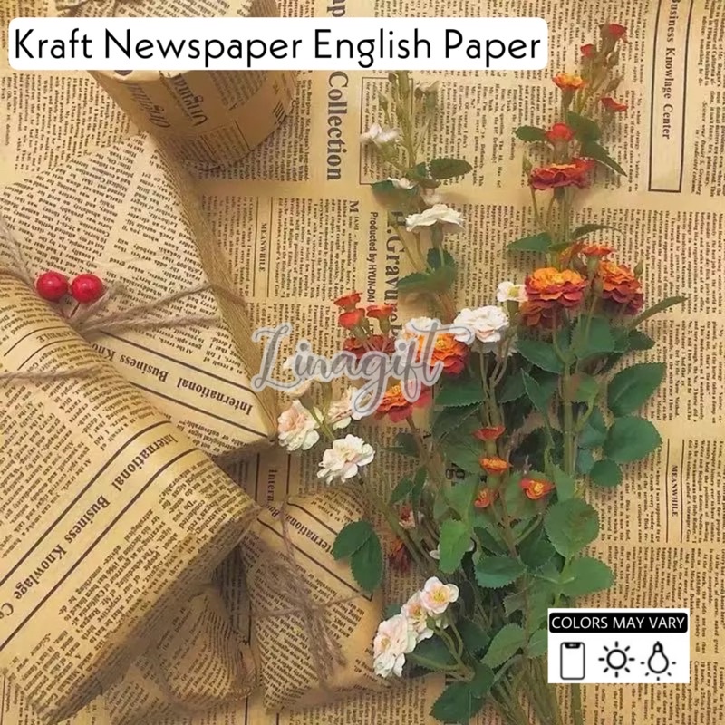 FLOWER WRAPPING PAPER / KERTAS BUKET BUNGA ( 5 Lembar ) KRAFT ENGLISH NEWSPAPER - KERTAS KADO PREMIUM VINTAGE CRAFT PAPER GIFT KORAN FLORIST / KERTAS GELOMBANG / CORRUGATED PAPER