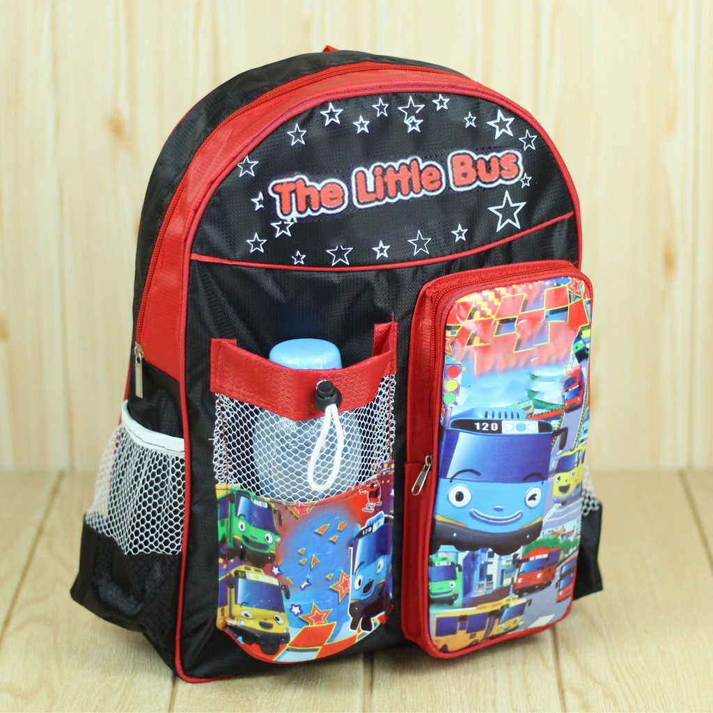 Tas Gendong Little Bus Merah Ransel Anak Cowok TK PAUD SD Keren Trendy Kece Free Botol Minum Gratis