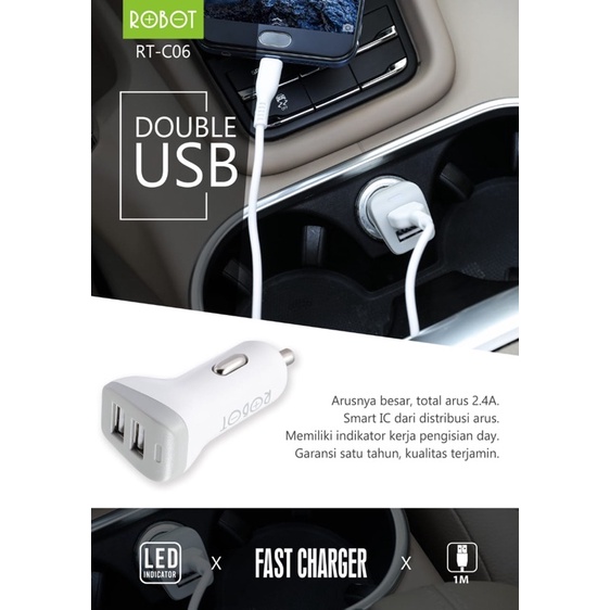 PROMO CHARGER MOBIL ROBOT RT-C06 CAR CHARGER 2USB ORIGINAL + KABEL DATA MICRO C 06 DOUBLE USB