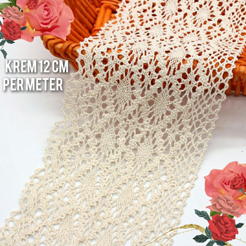 per meter,renda rajut warna krem lebar 12 cm