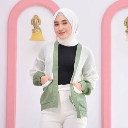 MARLINA Cardigan Rajut l  Cardy 2 Tone l Raat Kombinasi | Pakaian Rajut Wanita l Outerwear Wanita
