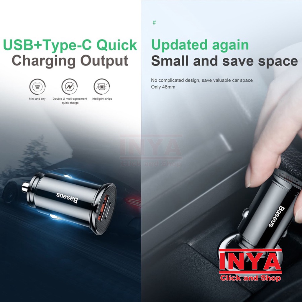 BASEUS inAUTO CAR CHARGER 30W Type-C+USB Output BS-C16C1-X - Charger Mobil