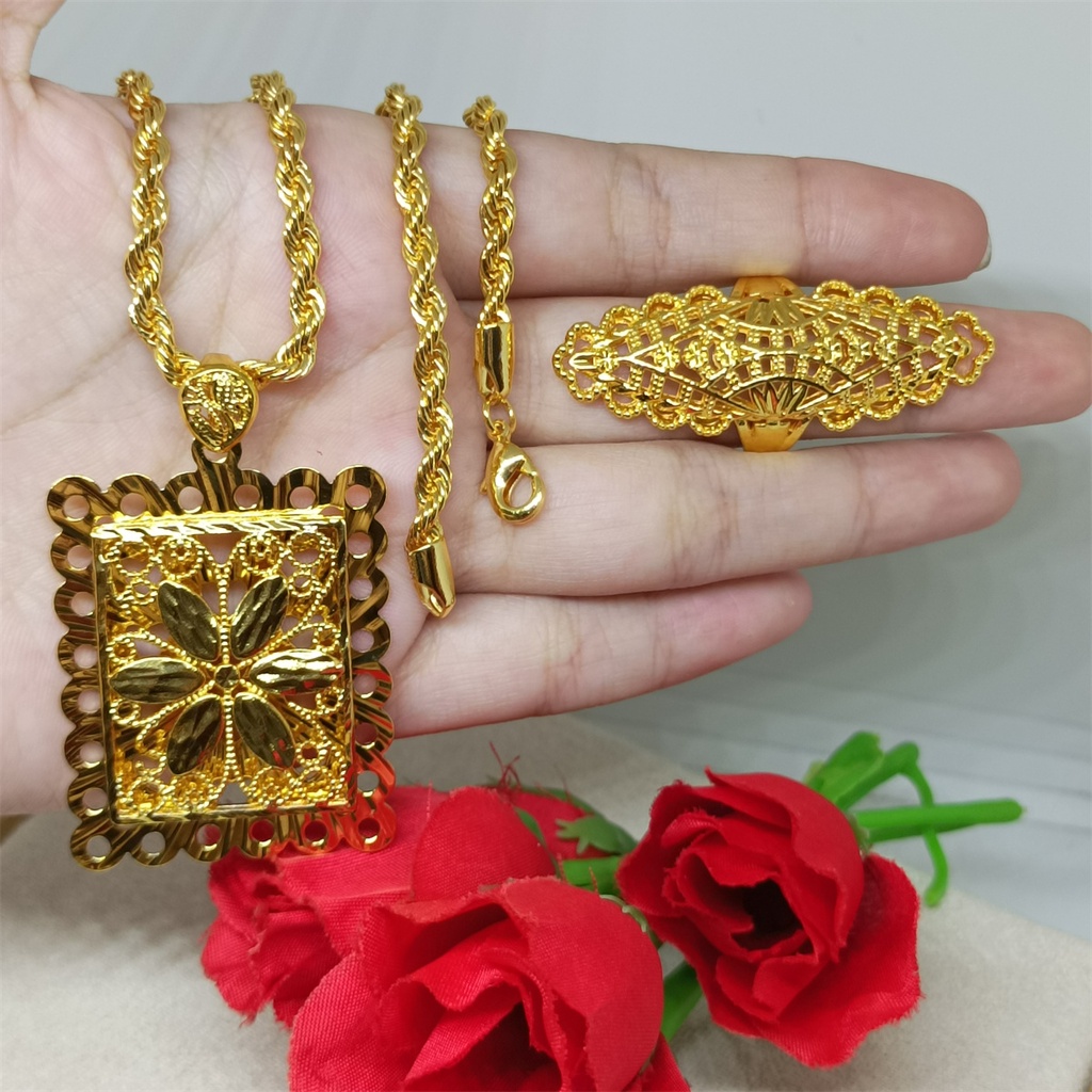 set kalung+cincin perhiasan laki-laki tembaga 24k gold