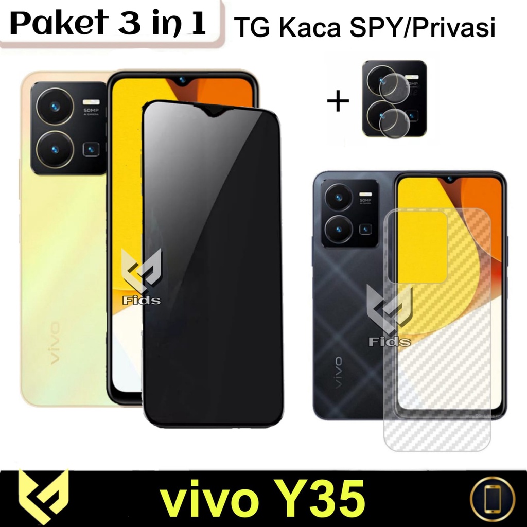 NEW PROMO Paket 3IN1 For VIVO Y35 2022 / VIVO Y16 2022 / VIVO Y22 2022 Anti Gores Layar Anti SPY Free Lens Camera &amp; Skin Carbon Anti Gores Jamur Body Belakang Handphone