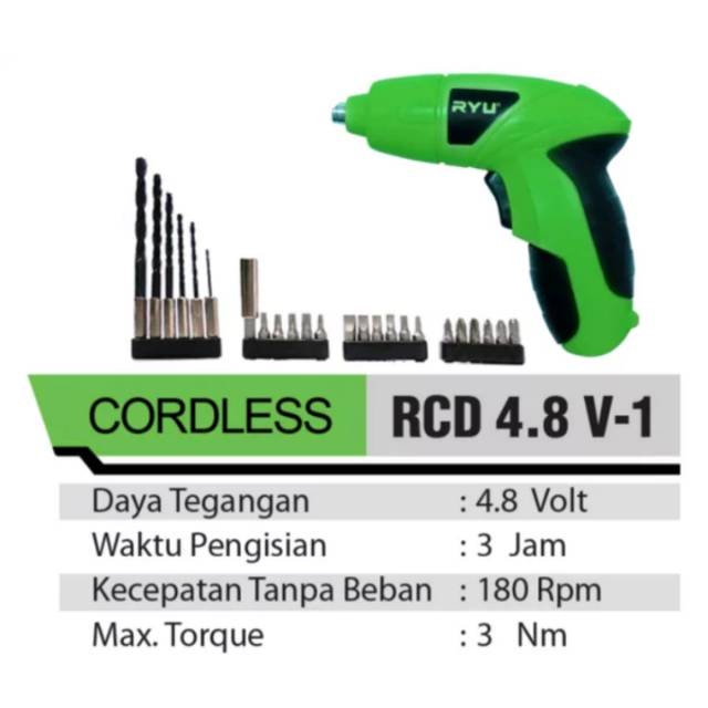 RYU Cordless Drill 4.8 V-1 Mesin Bor Obeng Baterai Buka Pasang Baut Charge Cash Listrik RCD 4.8V-1 Cordless Screwdriver MURAH ORIGINAL BERGARANSI