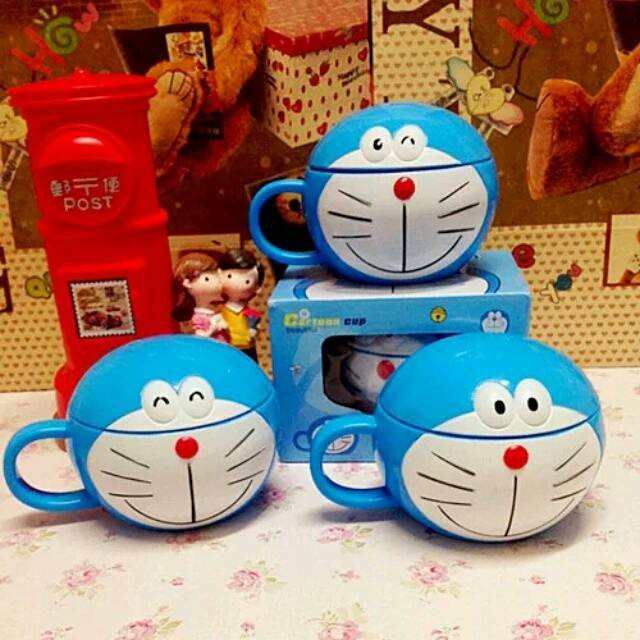 mug tutup kepala doraemon cangkir kopi unik karakter gelas lucu kado