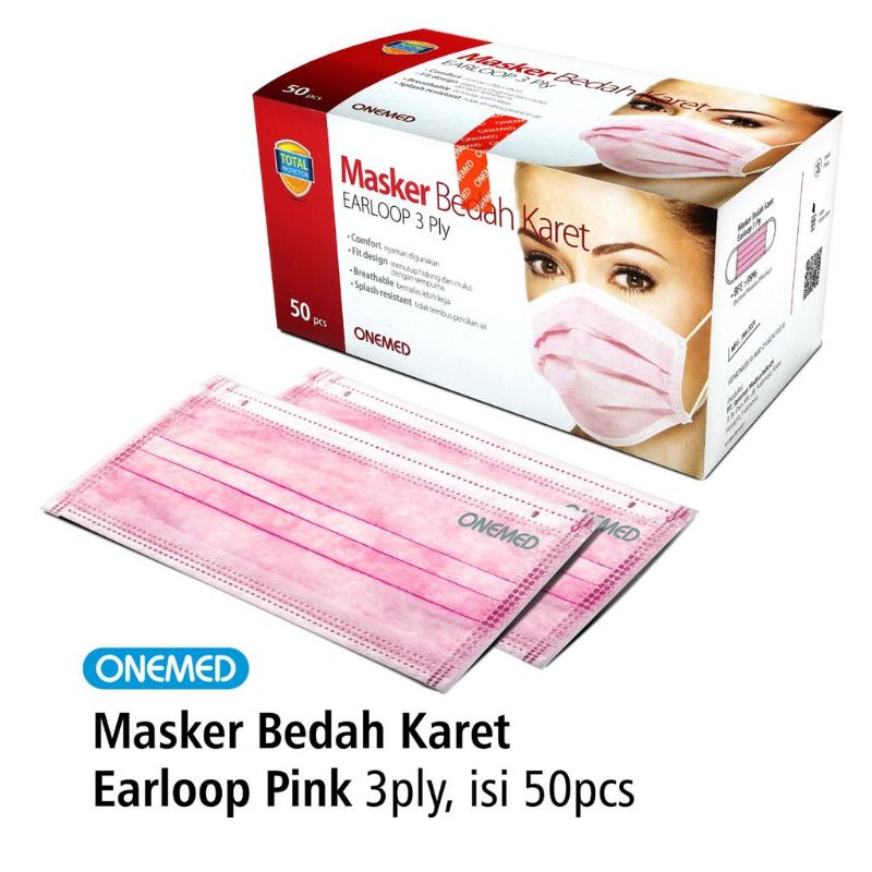 Onemed masker bedah karet warna pink isi 50 pcs