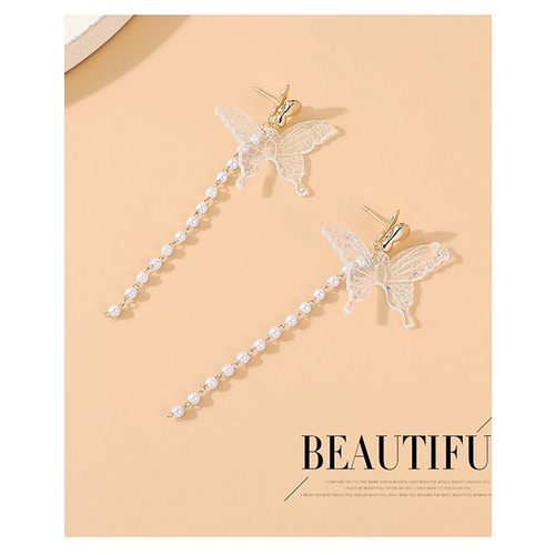 LRC Anting Tusuk Fashion White Butterfly Pearl Alloy Tassel Stud Earrings Y64502