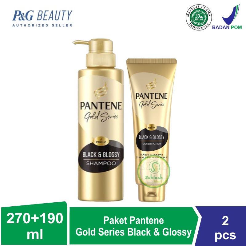 Paket Pantene Gold Series Black &amp; Glossy Shampoo 270ml + Conditioner 190ml