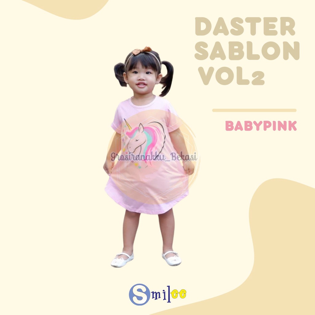 Daster Anak Smile Sablon Vol 2 Motif Baby Pink Kudapony size 1-5Thn