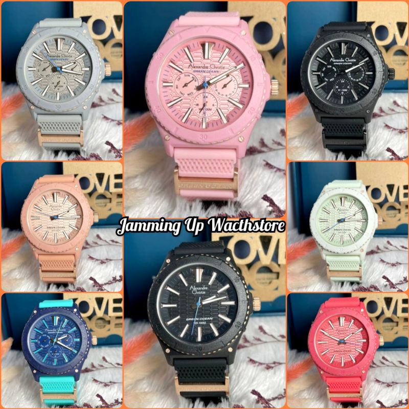 Jam Tangan Wanita  (unisex) Alexandre Christie AC 6584 Original Special Edition GREEN OCEAN Rubber S