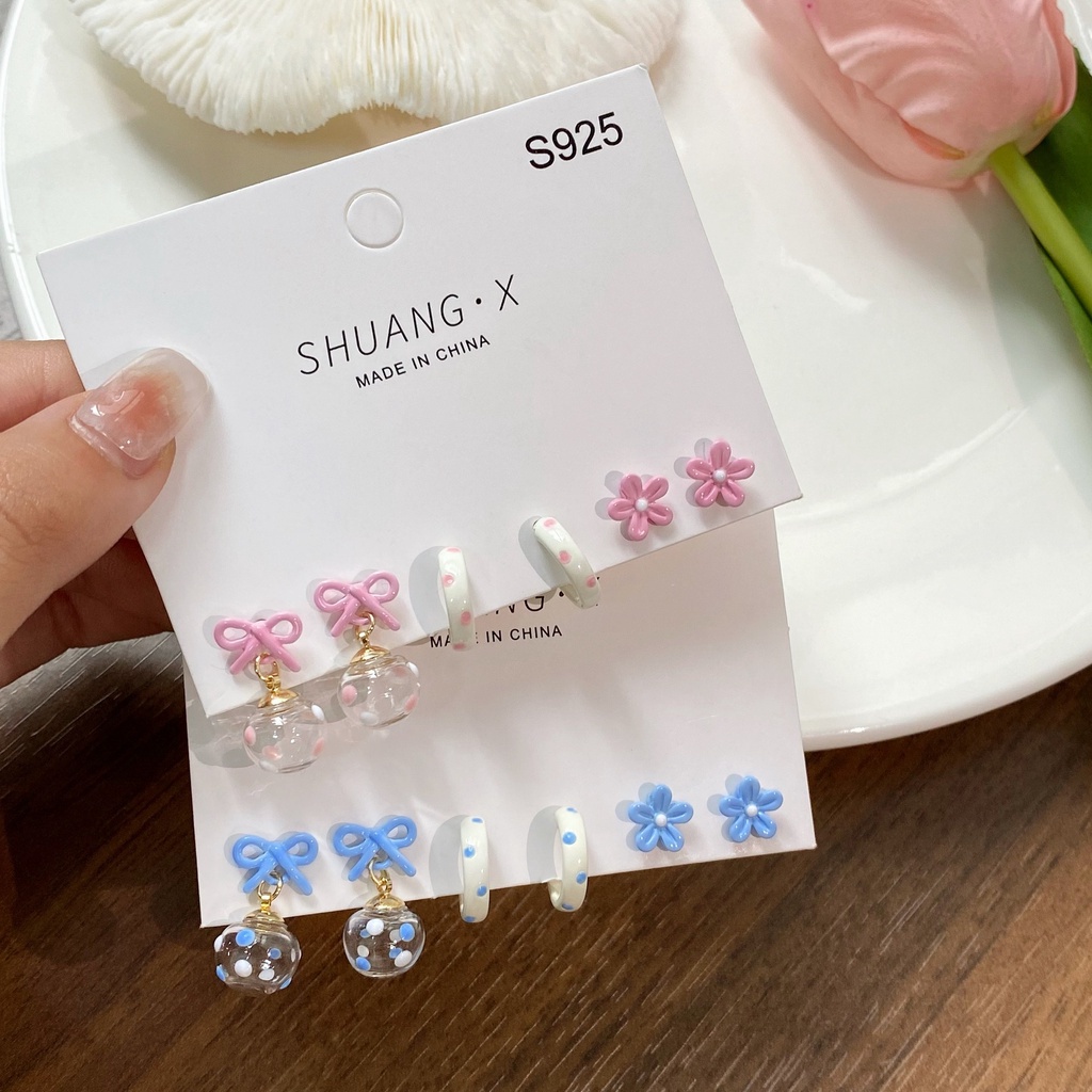 Set Anting Stud Desain Bunga Cherry Kupu-Kupu Hati Mutiara Warna Pink Untuk Wanita