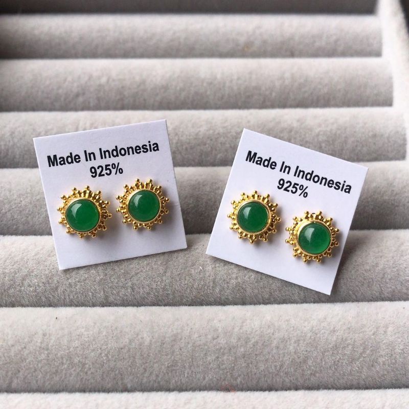 giwang tusuk perak lapis emas batu giok