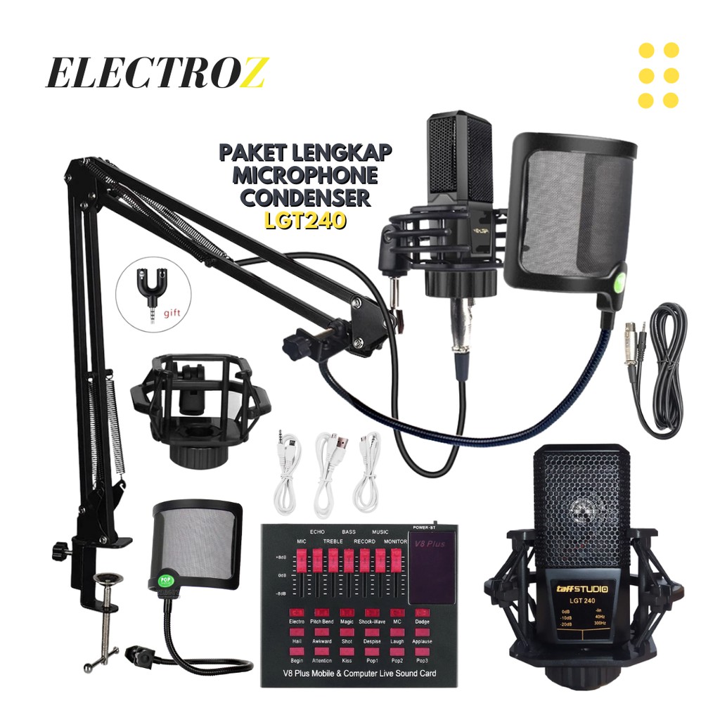 Microphone LGT240 Mic Condenser PAKET LENGKAP Live Recording Broadcast Cover Musik Smule Youtube + S