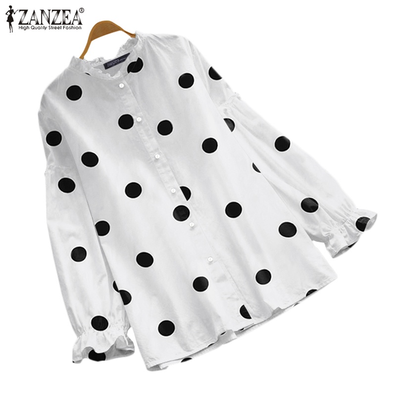 ZANZEA Women Casual Fashion Puff Sleeved Polka Dots Oversized Clubbing Blouse Loose Tops Shirts