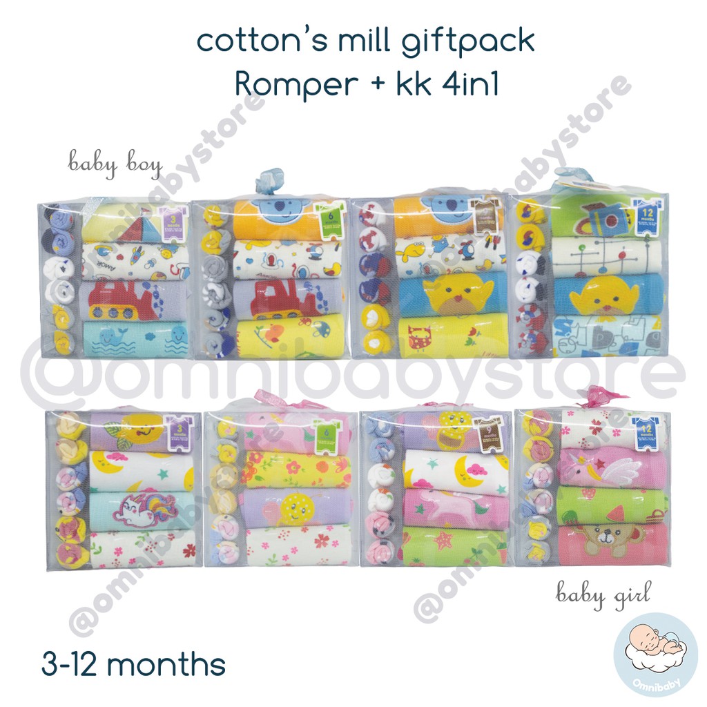 cotton's mill romper bayi laki laki, bayi perempuan giftpack 4in1 + kaos kaki baby