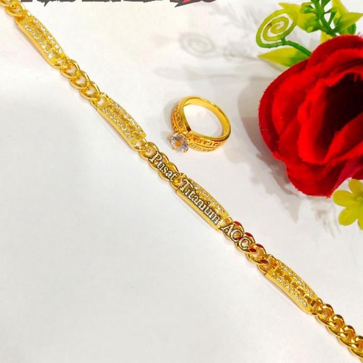 Terbaik.. SET TITANIUM GELANG+CINCIN PLAT 4 UKIR MATA 002 PERHIASAN EMAS KOREA ANTI KARAT