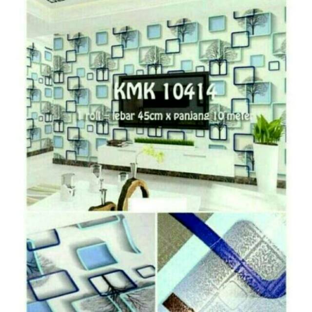 Wallpaper stiker dinding pohon dan kotak kotak biru  3 dimensi 45 cm x 10 meter