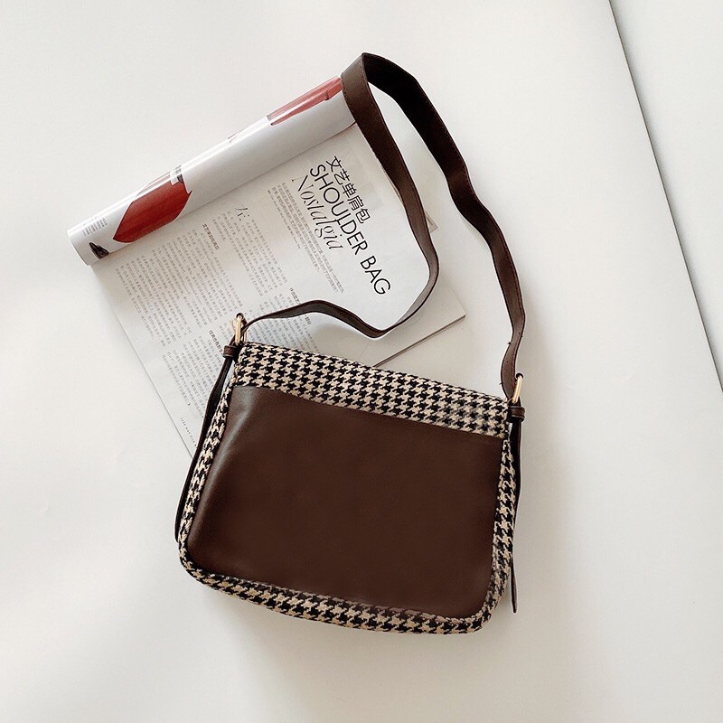 Tas Selempang Wanita Shena Motif Houndstooth korean Tweed Wool Slingbag Import Classic style korea