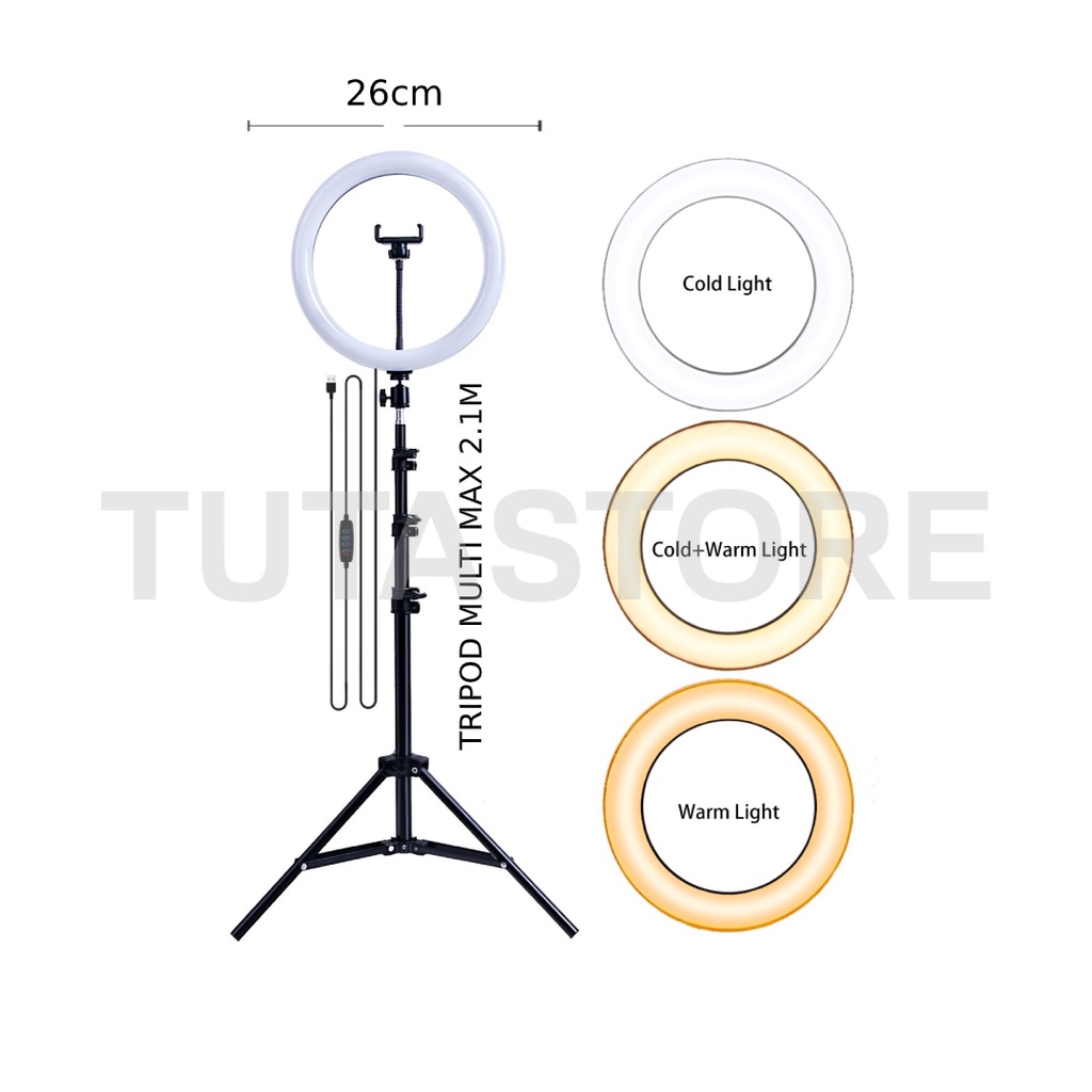 Paket Komplit Ringlight 26cm + Tripod 2,1 Meter Make Up Vlog Lampu Ringlight