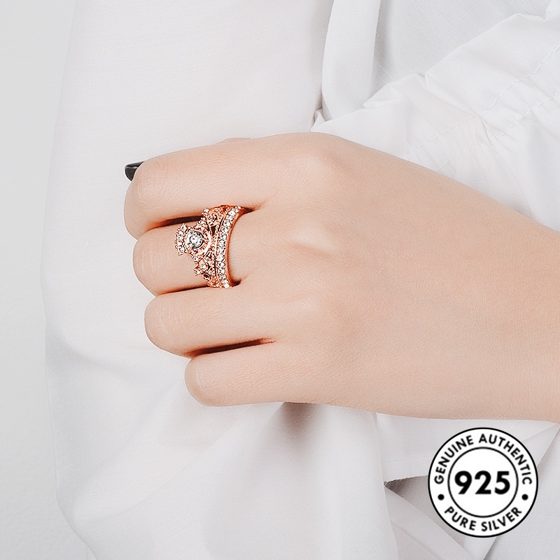 Cincin Bentuk Mahkota Aksen Berlian Bahan S925 Silver Untuk Pasangan
