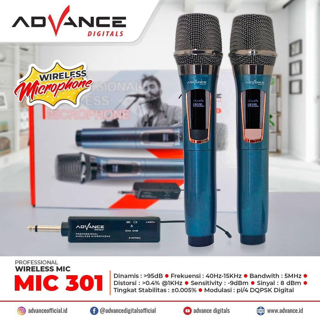 Mic Wireless Double Advance UHF 301 Digital New Metalic Charger