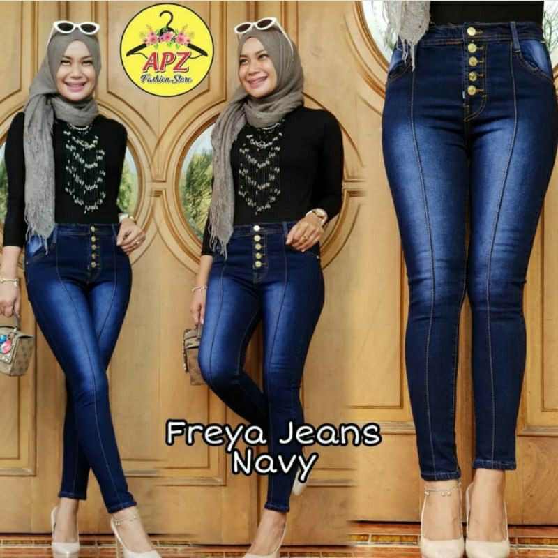 Celana High Waist Jeans Wanita Kancing 5 aktif