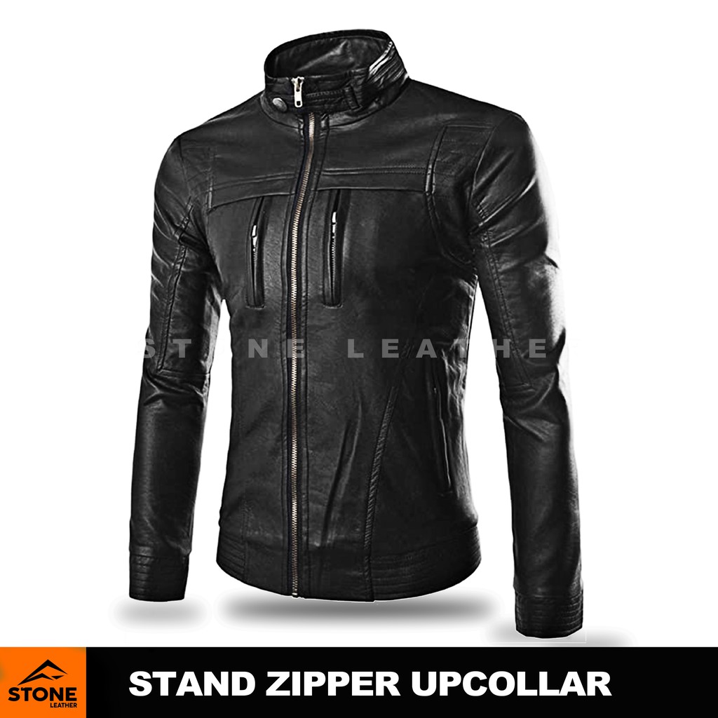 JAKET PRIA KULIT SINTETIS UPCOLLAR REGULER / PAKAIAN PRIA / JAKET KULIT