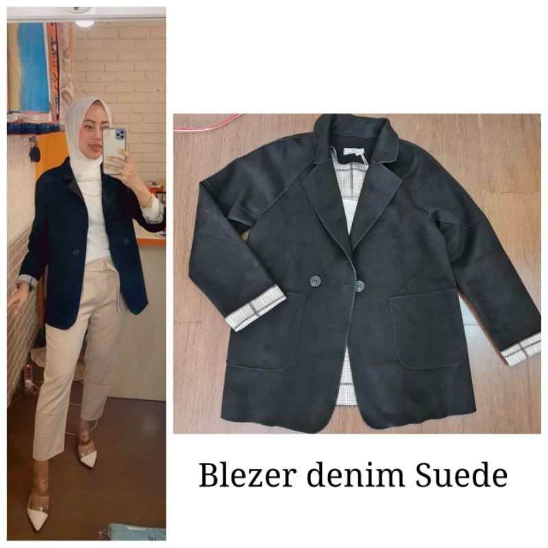 blazer denim suede seri hitam import