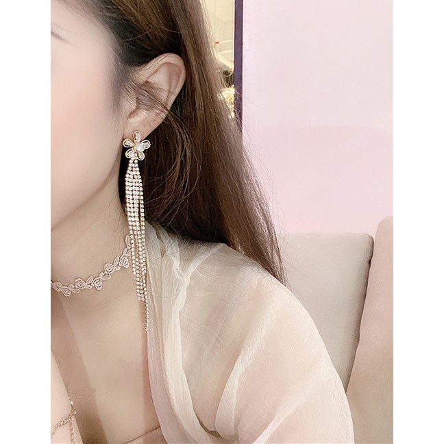LRC Anting Tusuk Fashion Yellow Alloy Flower-studded Tassel Earrings D28675