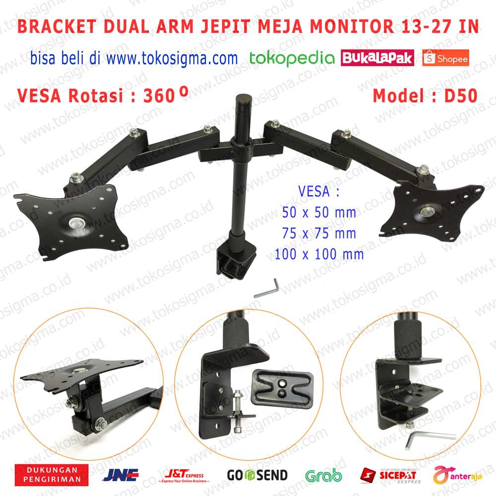 BRACKET BERDIRI JEPIT DI MEJA D50 DUA LENGAN FOR FLAT MONITOR 13-27 IN