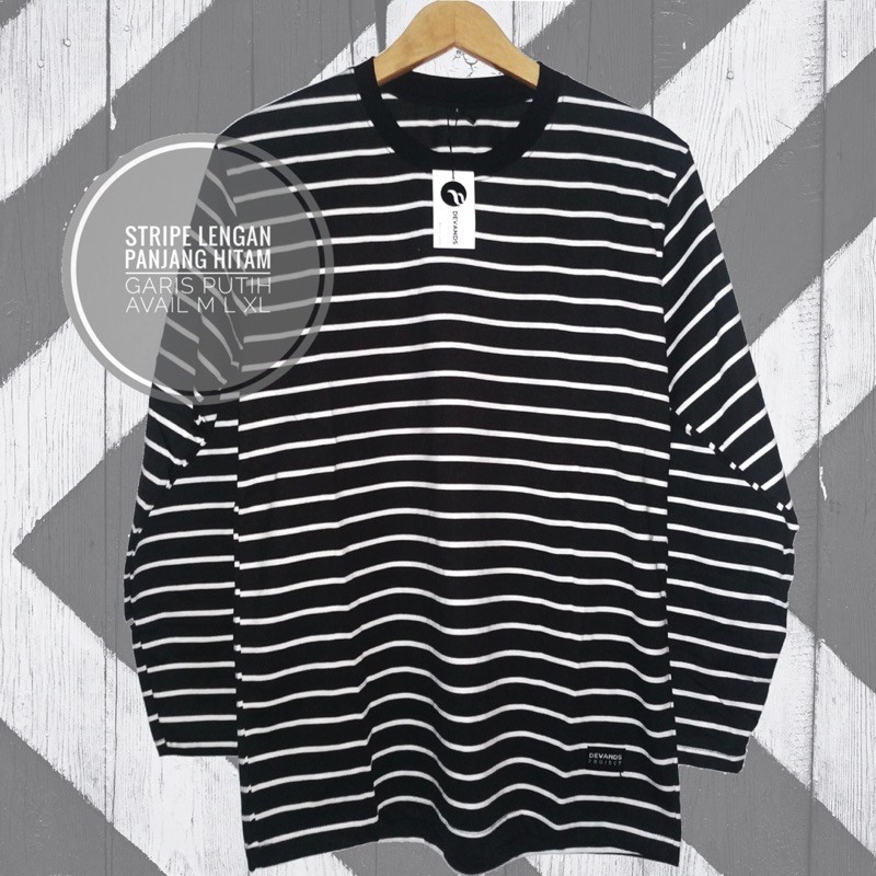 Kaos Stripe Garis Salur Lengan Panjang Pria Wanita Hitam Garis Putih Kaos Distro Katun Cvc Unisex