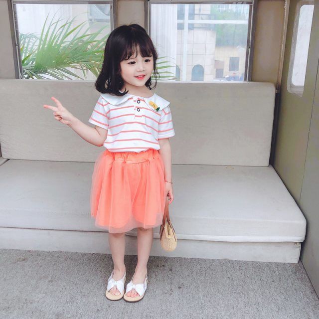 Baju setelan anak perempuan celana rok tutu+ kaos stripped kerah kelinci set anak cewek import-2