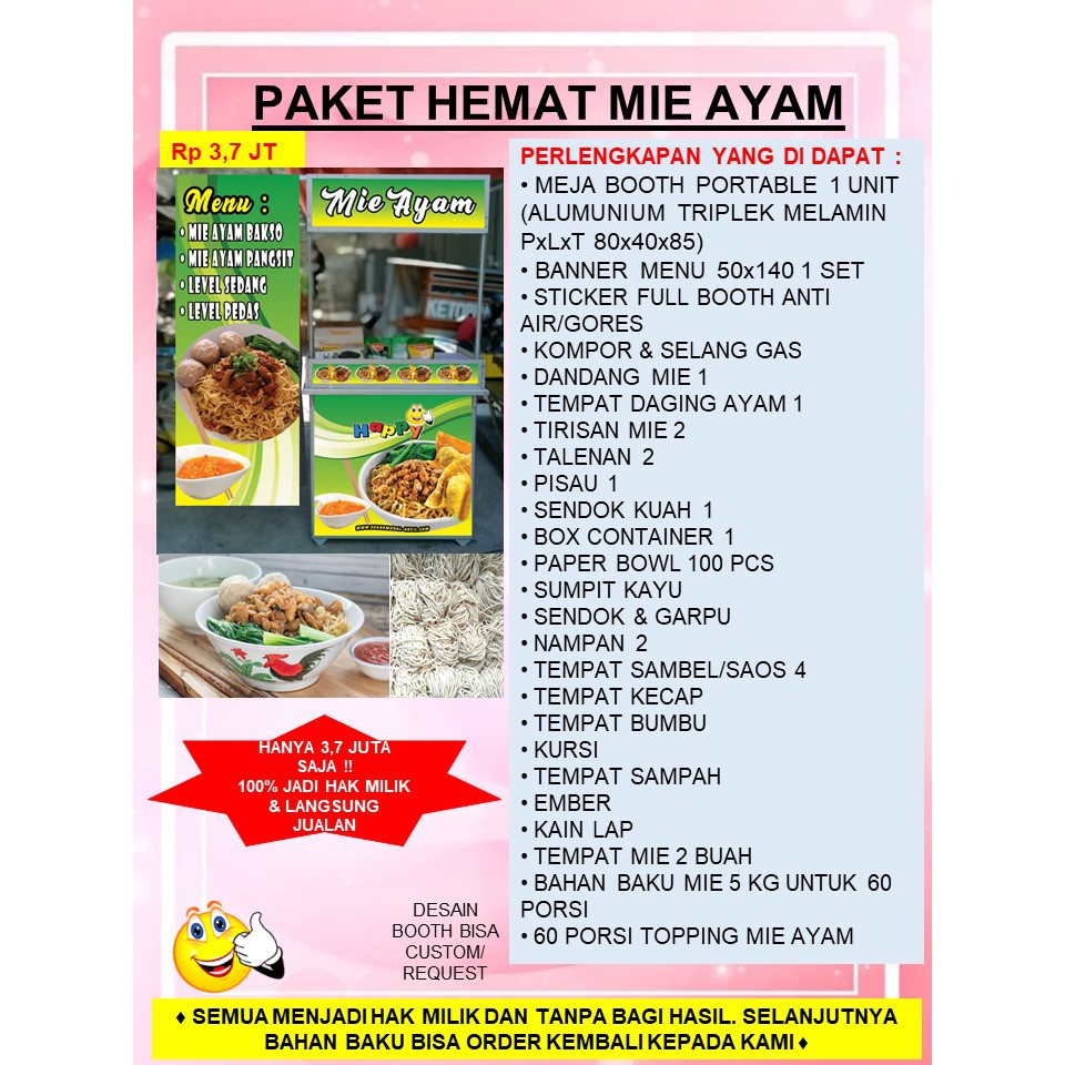 PAKET HEMAT MURAH EKONOMIS USAHA FRANCHISE MAKANAN MIE AYAM MI BAKMI HALAL KEKINIAN GEROBAK BOOTH