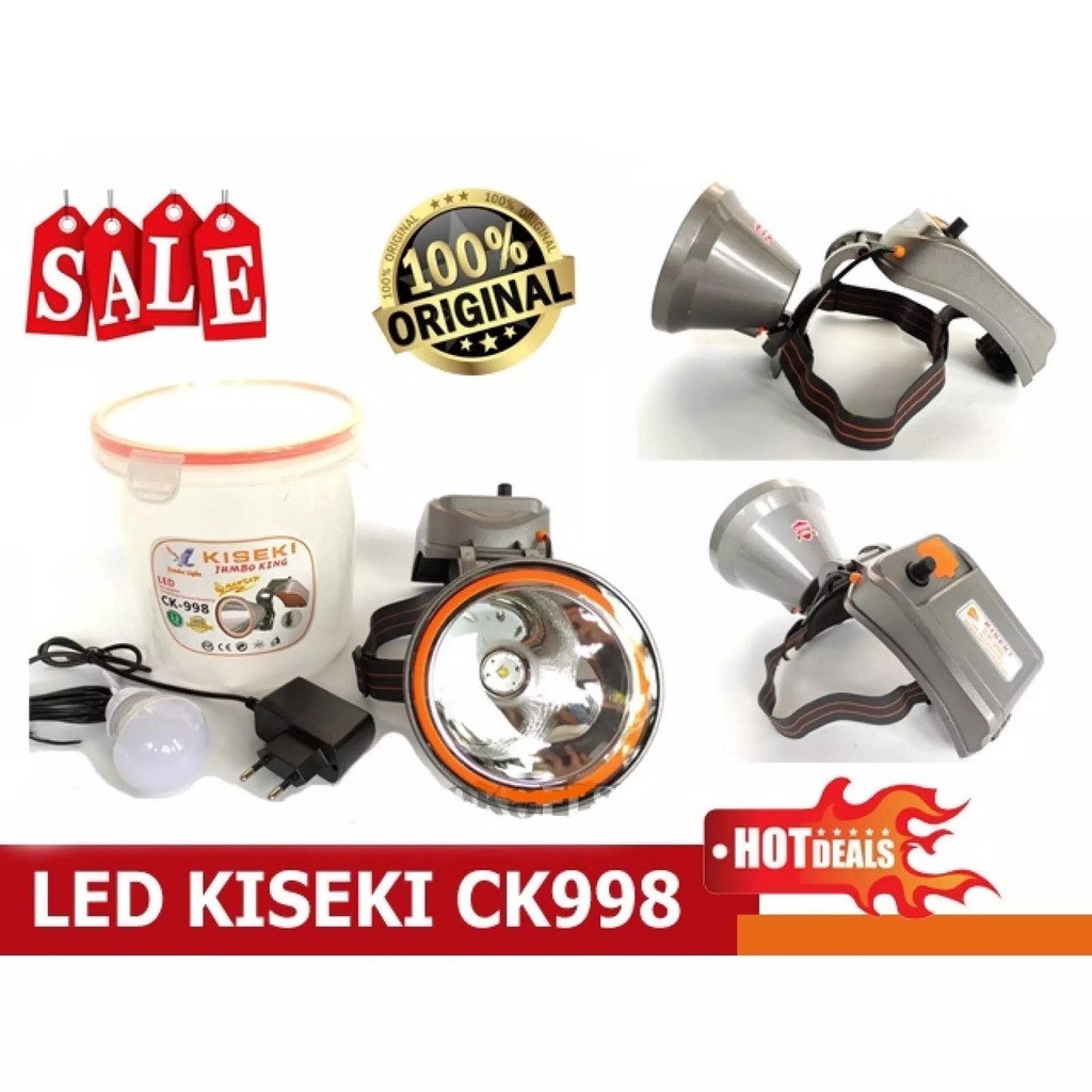 COD~Senter Kepala LED Super Terang Kiseki CK-998 Jumbo King Senter Kepala Gratis Bohlam LED Senter Kepala Cas Super Terang LED Rechargeable Double Switches Headlamp Waterproof