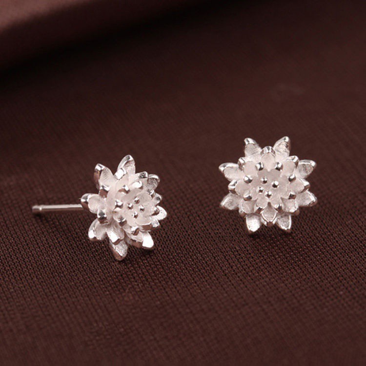 Anting Tusuk Model Bunga Lotus Warna Silver 925 untuk Wanita 0585