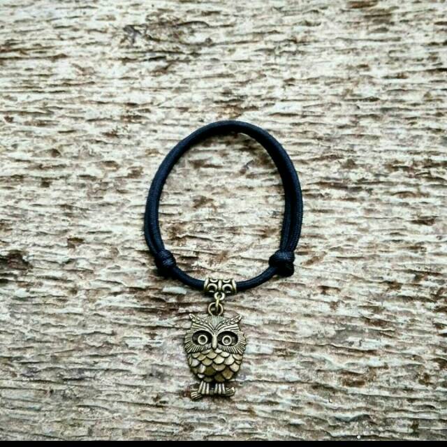 Gelang Pria Hitam Black Paracord 4mm Charm Liontin Owl Burung Hantu Premium