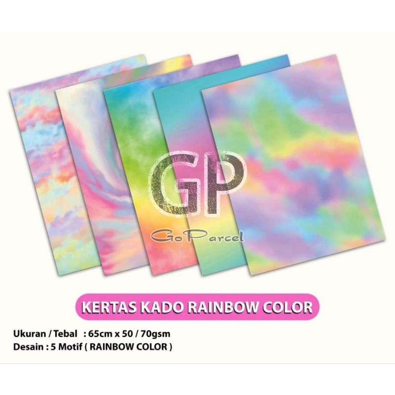 ( 5 Lembar ) KERTAS KADO SQ DOFF - GIFT WRAPPING PAPER MOTIF RAINBOW PELANGI WARNA WARNI