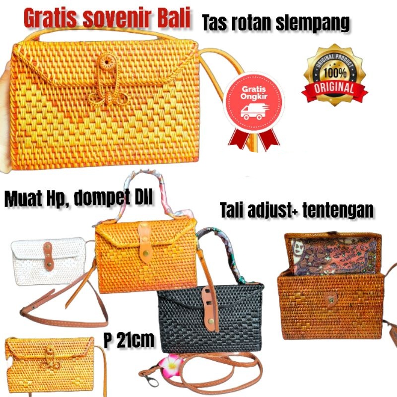 promo Tas rotan Bali / Lombok model kotak Mallboro coklat , putih tali gesper termurah
