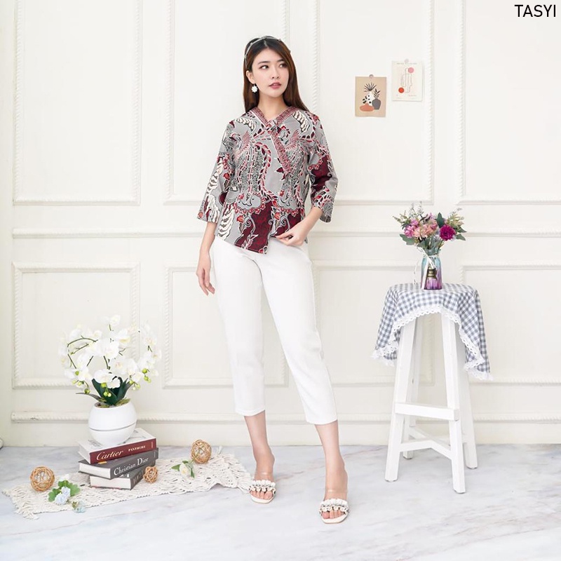 Evercloth Tasyi Atasan Batik Lengan Panjang Wanita Model Kimono Blouse Batik Perempuan Baju Batik Cewek Katun Stretch Premium Batik Couple Family Set Abu Grey Silver