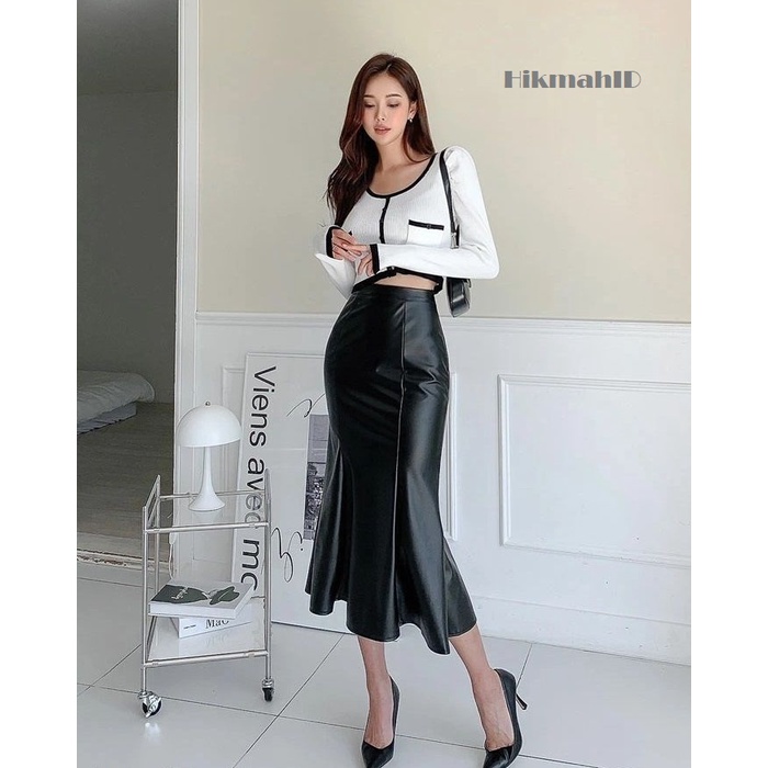 Rok Kulit PU  High Waist Midi Leather Skirt Rok Fishtail Casual Glamour Pas Badan Bagian Pinggang dan Pinggul Fashion Wanita Korea Model Terbaru