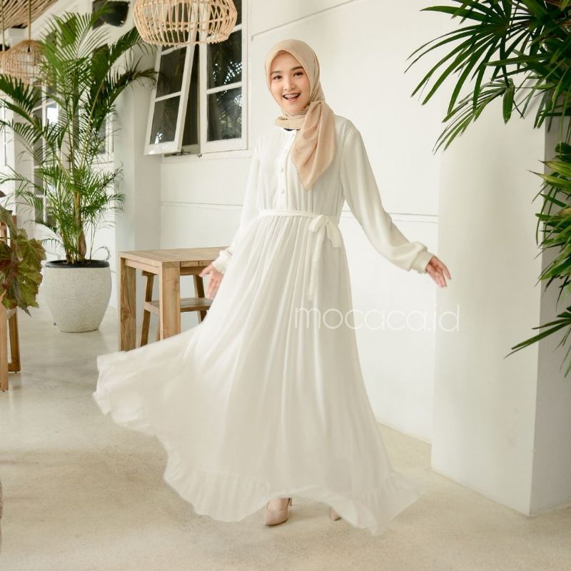 Gamis Ceruty Premiun Rosalinda Dress putih umayah untuk hari raya Full Furing Super karet belakang