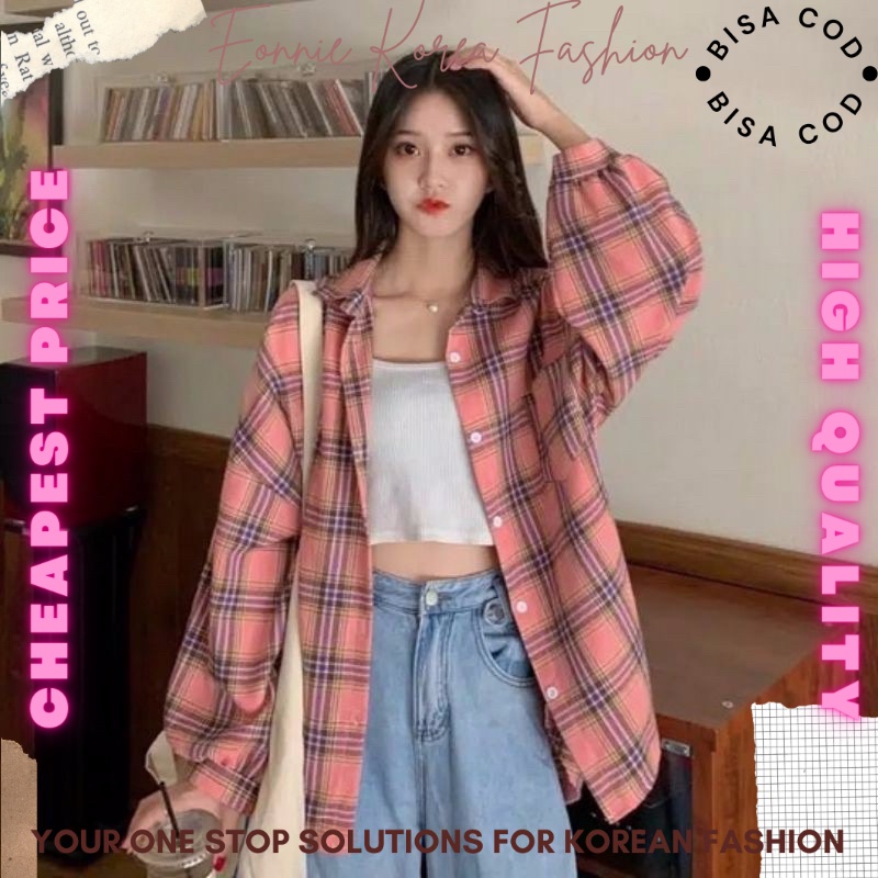 Kemeja Oversize Kotak Kotak Lengan Panjang Balon/ Kemeja Oversize Kemeja Blouse Kotak Flanel Wanita 