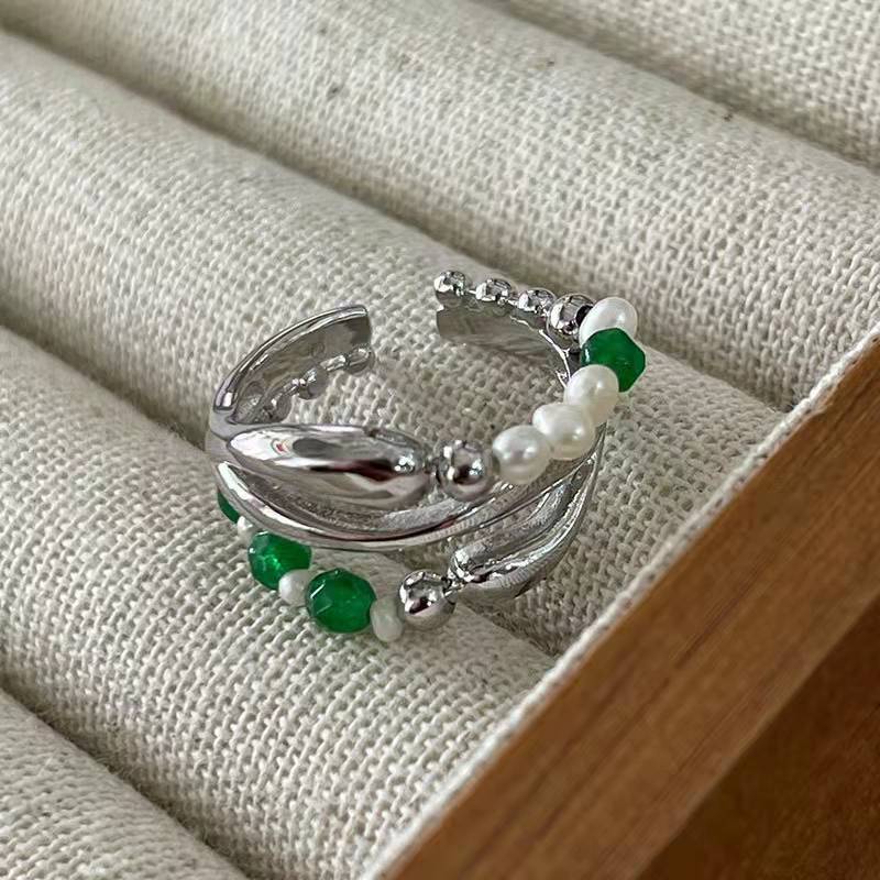 Cincin Multilayer Hias Mutiara Hijau Gaya Retro