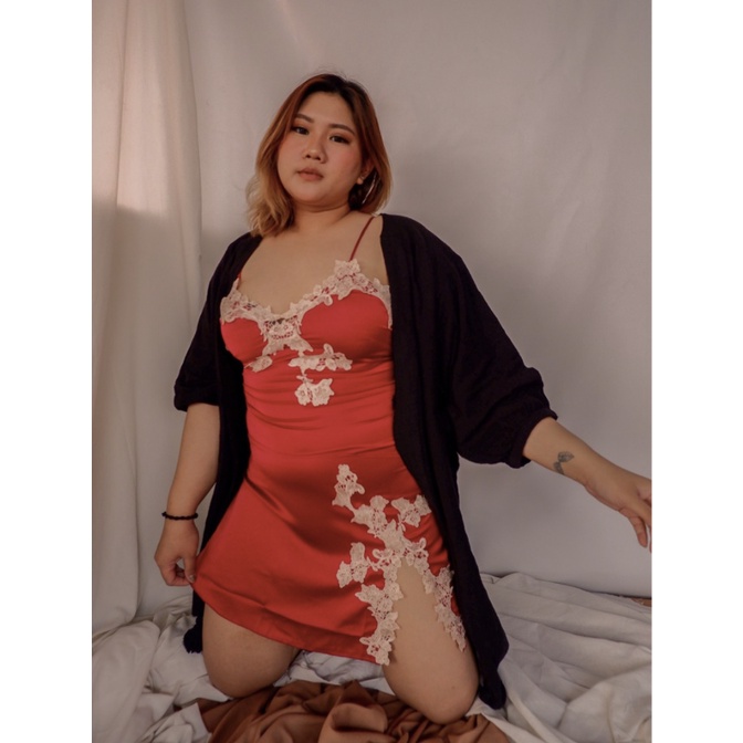 Pluffyschoice Evangeline Nightgown Lingerie Sleepwear Baju Tidur Satin Seserahan Bigsize-MAROON