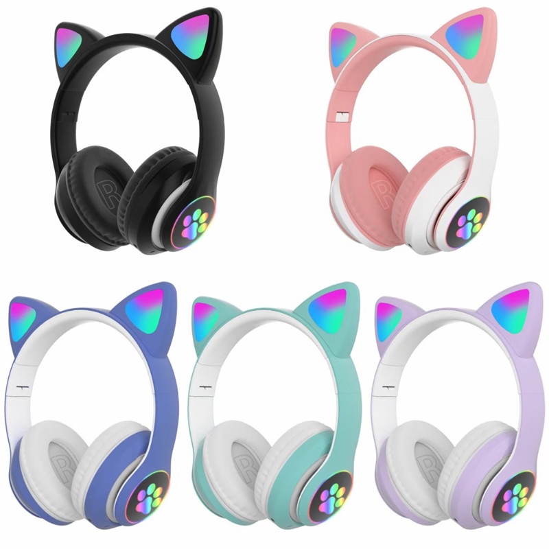 Cat EAR Headset EarPhone Bluetooth STN28 Wireless Lampu Led RGB Bando