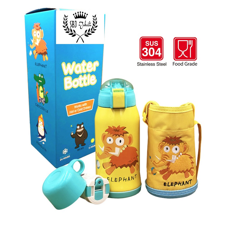 Botol Minum Termos 304 Stainless Steel DUAL CAP dengan TAS Motif Animal / Botol Minum Anak Stainless