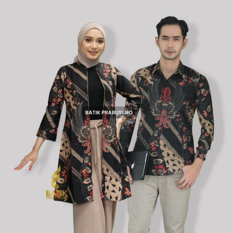 Cendana Couple Batik Prabuseno Sarimbit Kemeja Pria Lengan Panjang Slimfit Baju Wanita Tunik Outer B