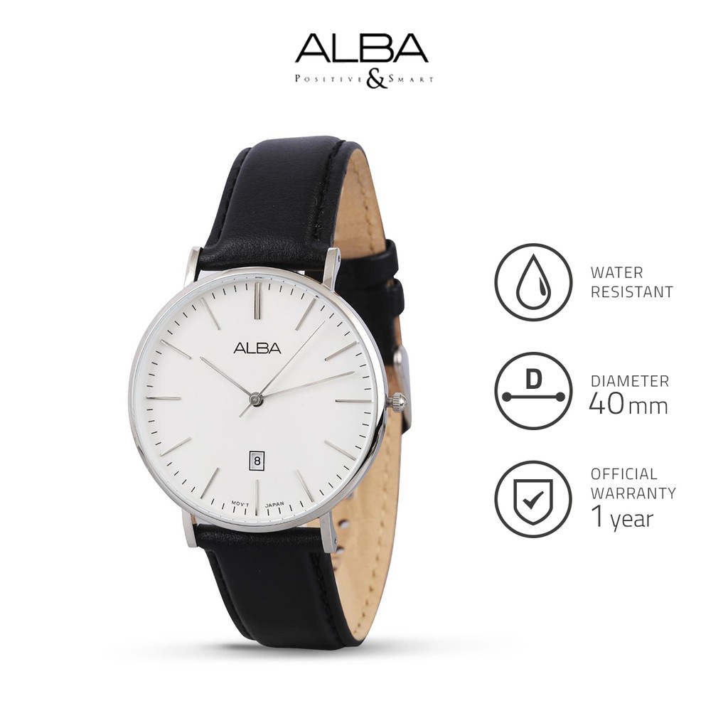 Alba Pestige Jam Tangan Pria AG8H17 / AG8H17X1 Quartz White Dial Black Leather Strap Watch