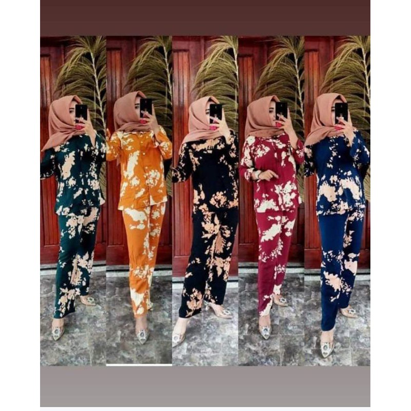 One Set Daily Pajamas Rayon Celup Tie die Stelan Wanita-3
